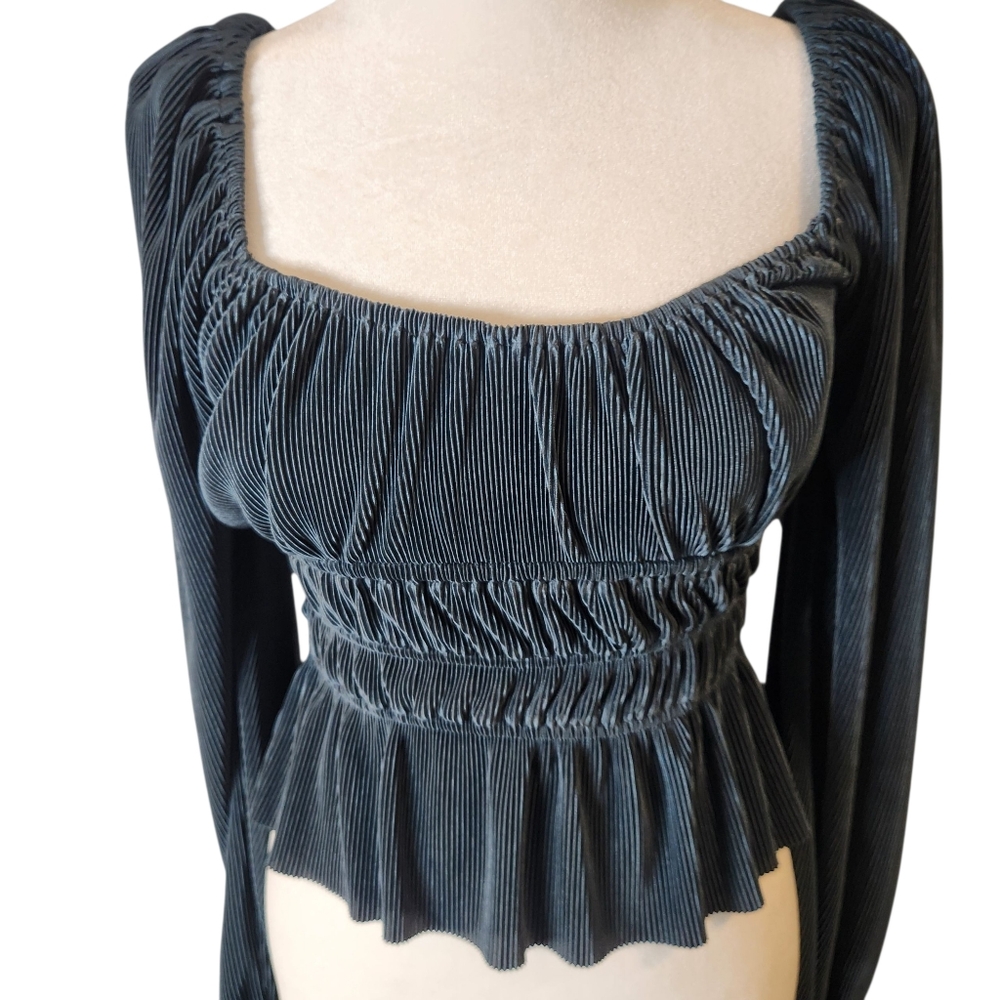 NWOT Unbranded Plissé Pleated Blouse Women S Midnight Blue Smock Balloon Sleeve